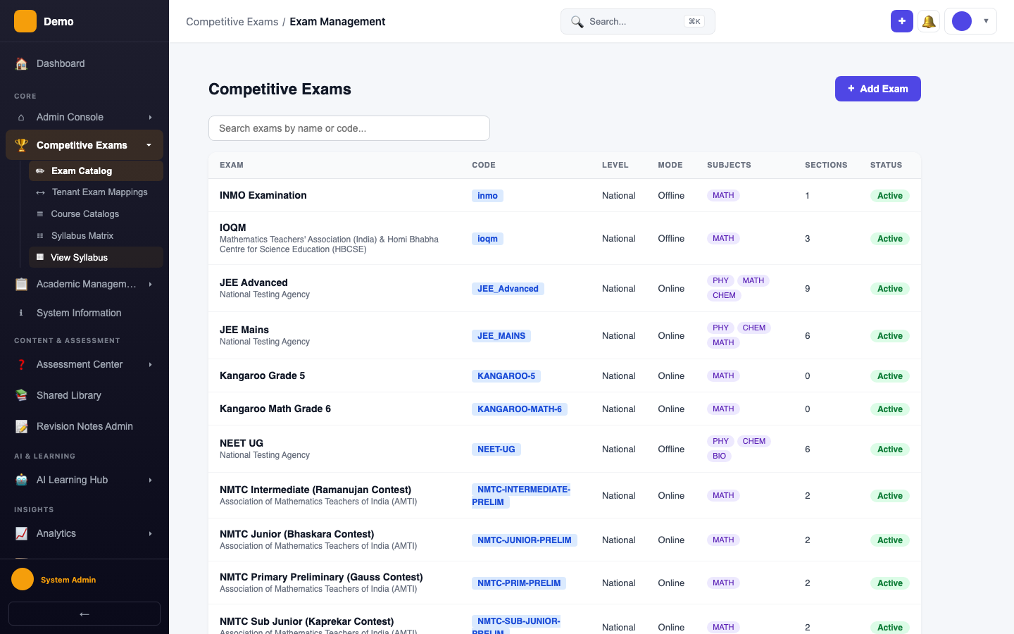 screenshot - Exam Catalog