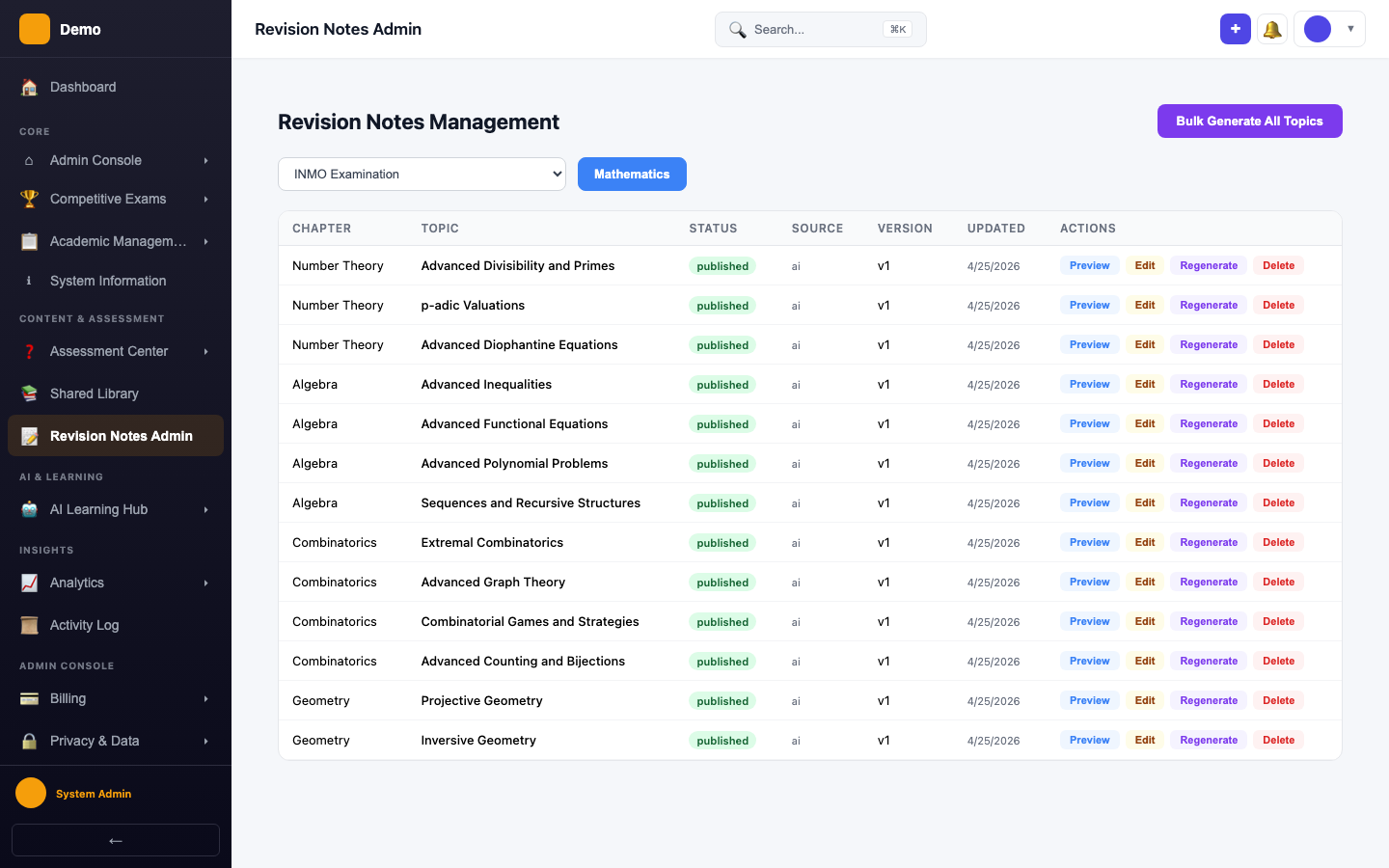 screenshot - Revision Notes Page