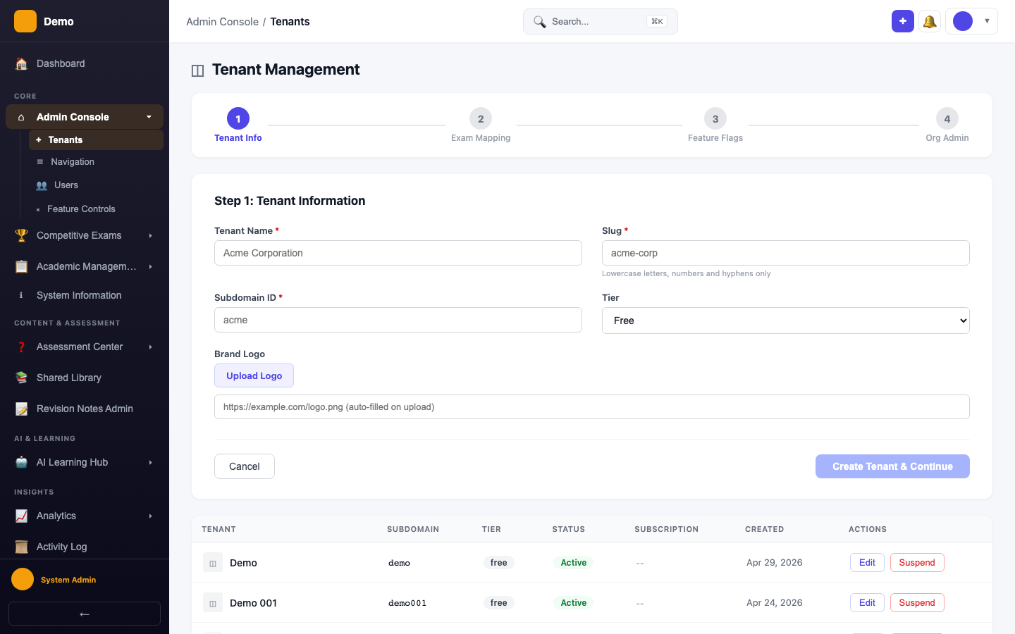 screenshot - Provision Tenant