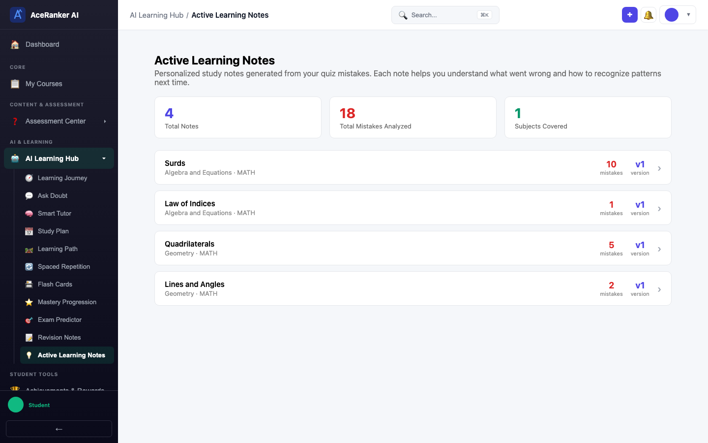 screenshot - Active Learning Notes Overview