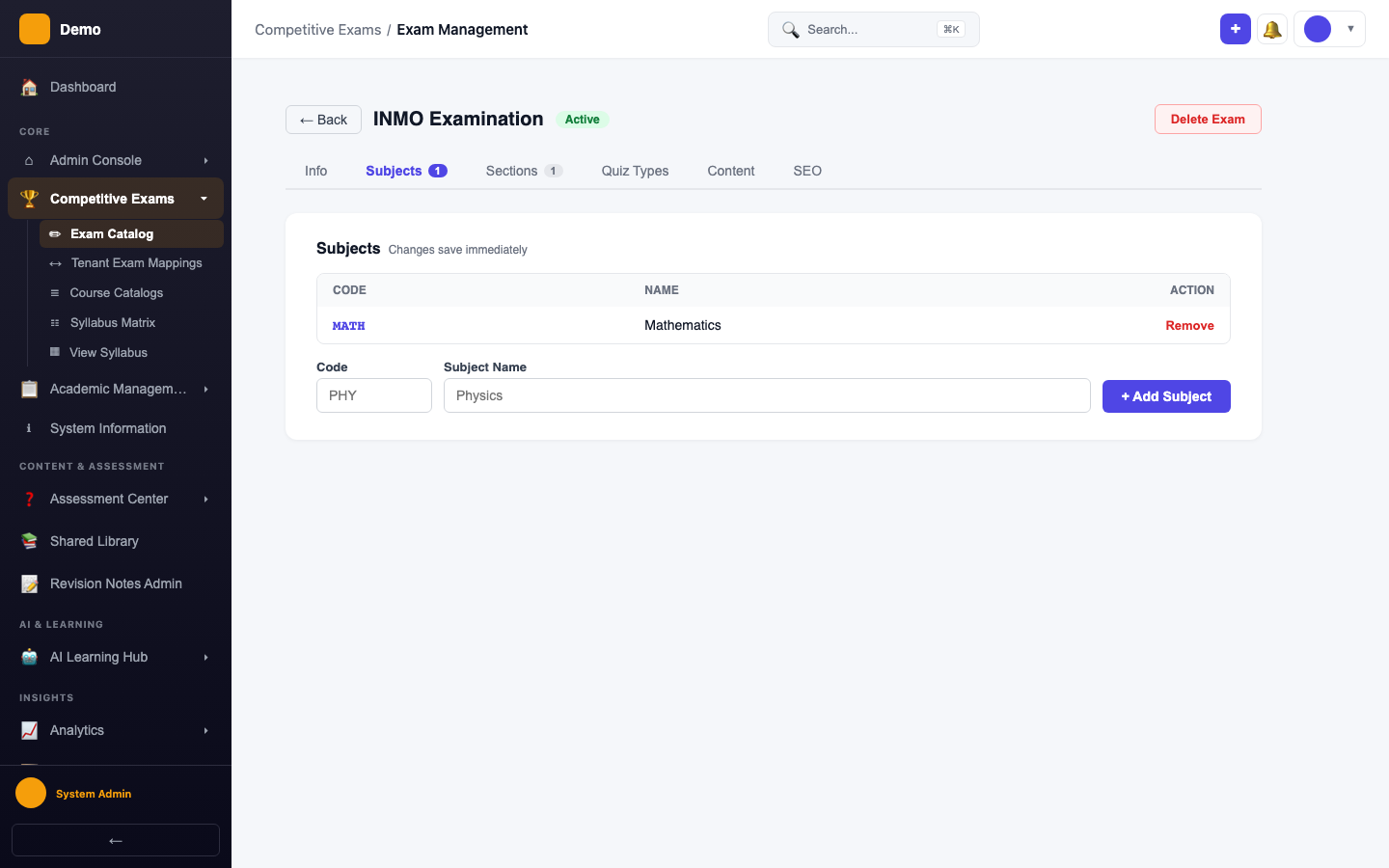 screenshot - Subjects Tab