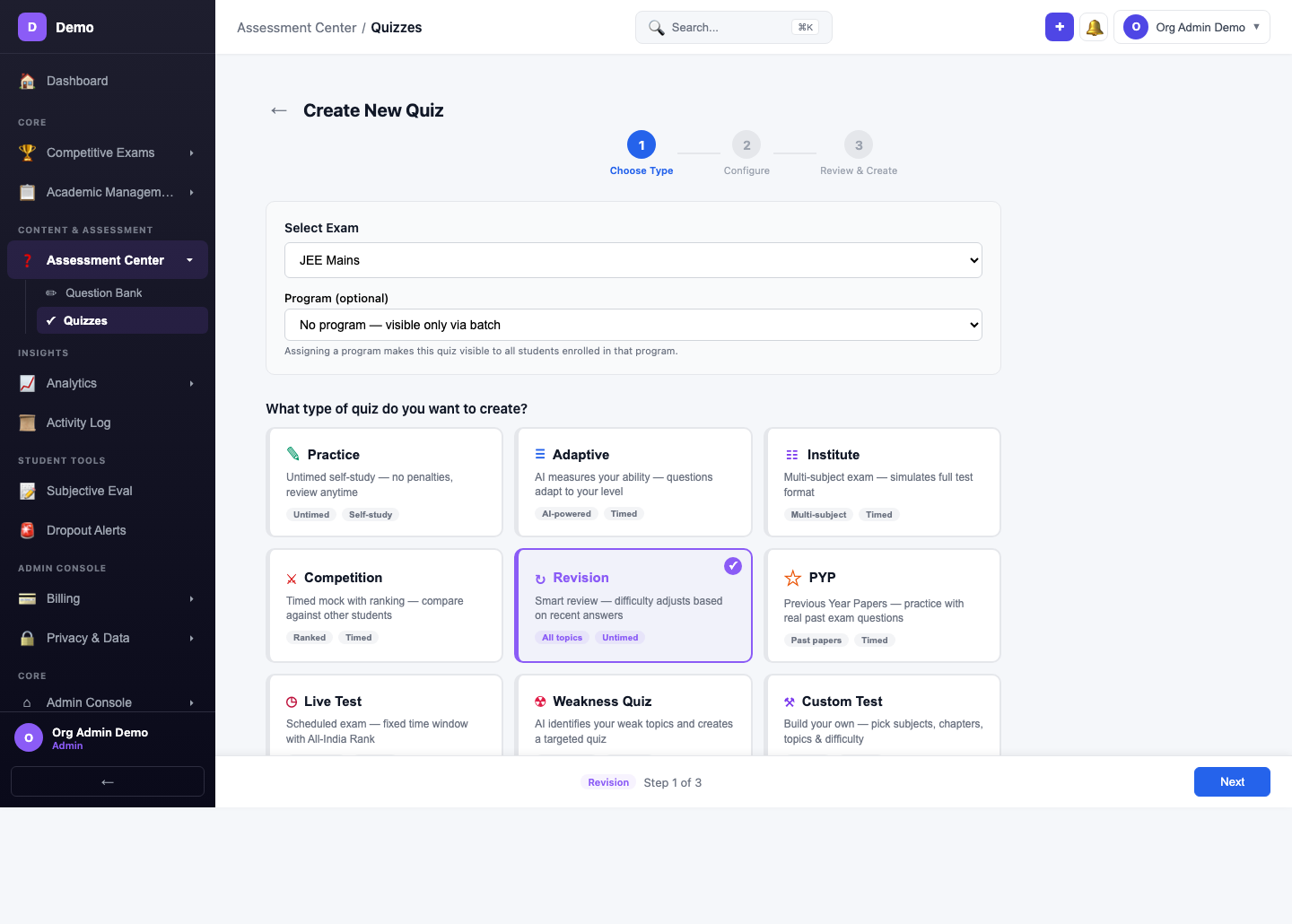 screenshot - Select Quiz Type