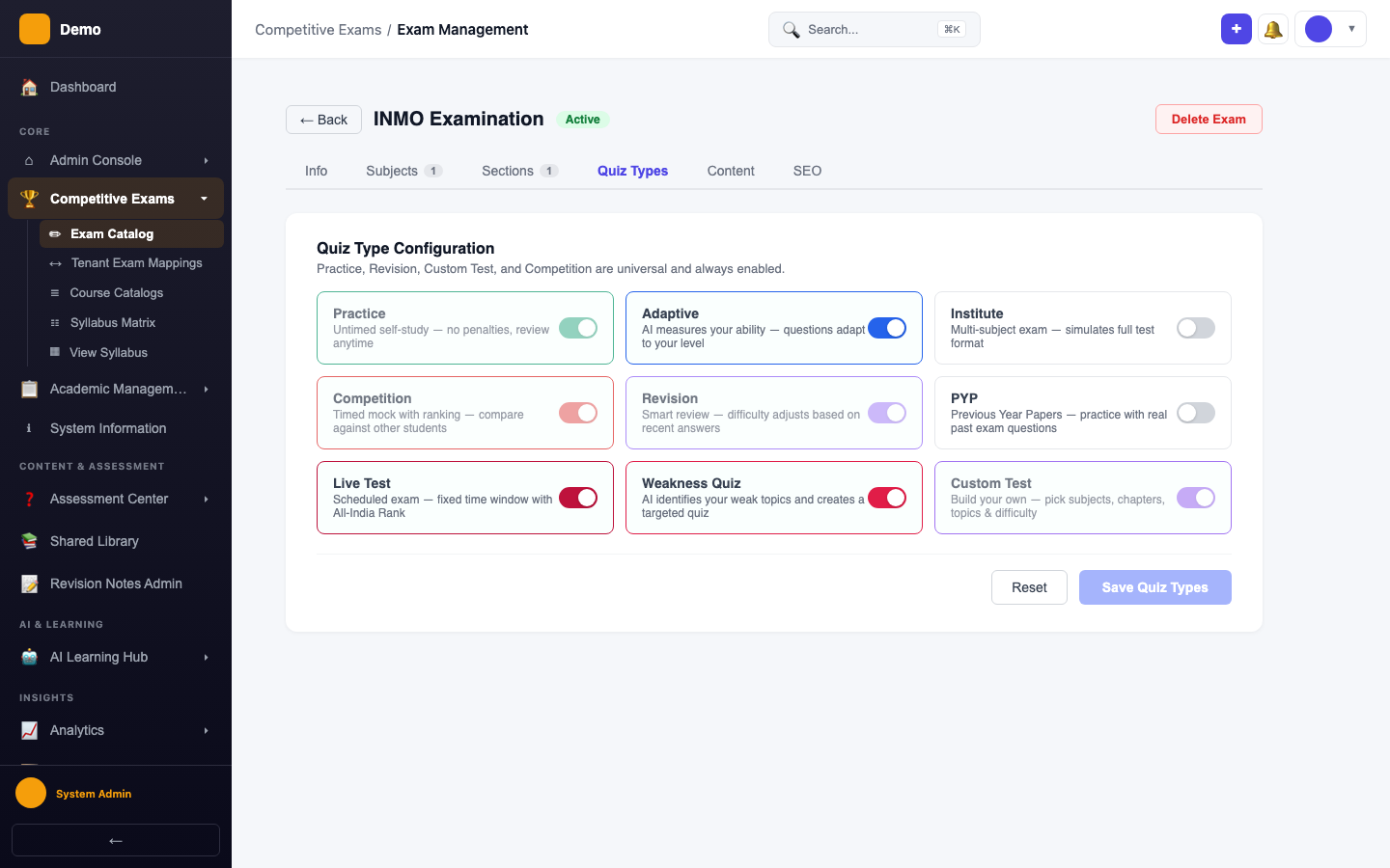 screenshot - Quiz Types Tab